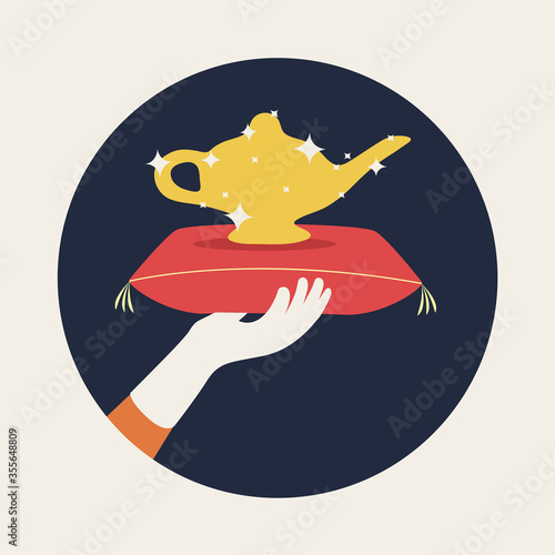 simple choice symbol. fairy tale hand prince sign & clean white glove hold shiny arabian golden magic lamp icon on pillow vector. Genie give Aladin three wishes flat design for web isolated background