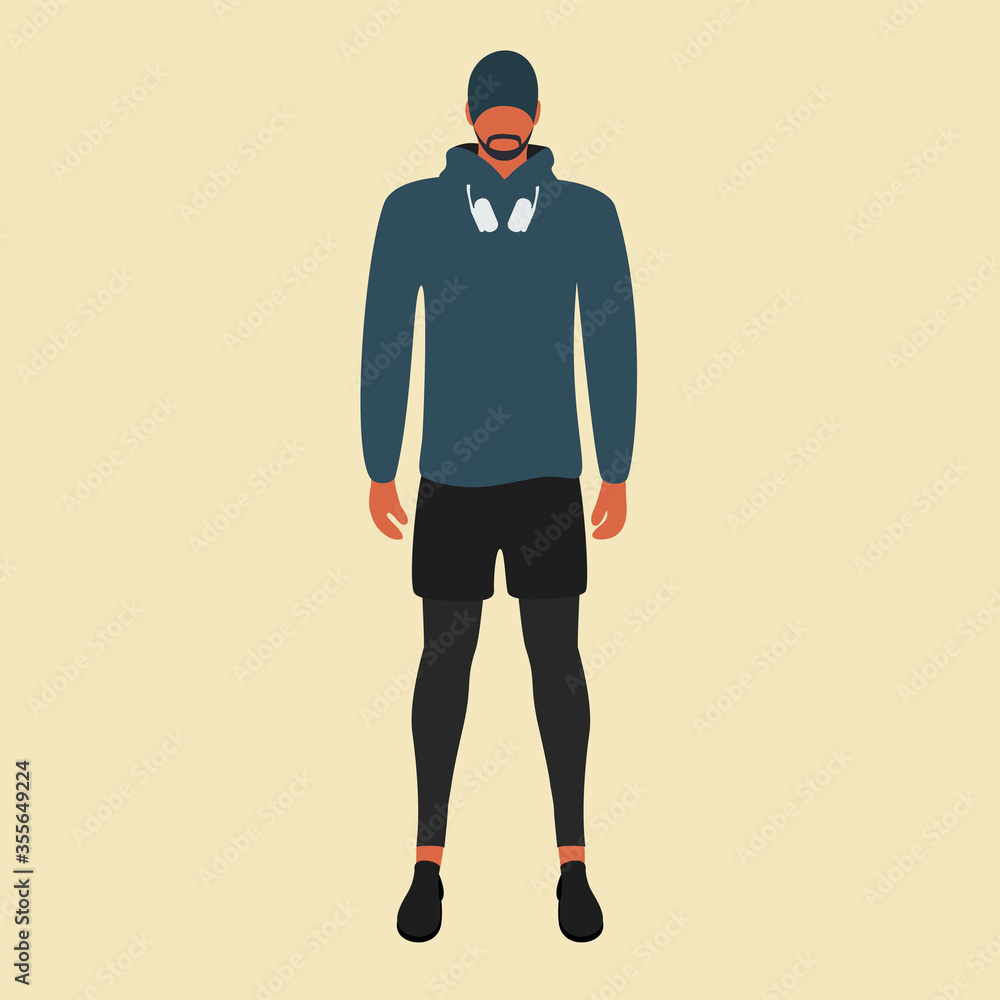 handsome athlete man vector flat design. cool attractive male stands on front with sports cap & headphones on his neck. fit healthy guy with jogging tights shorts pants. model flat design isolated art