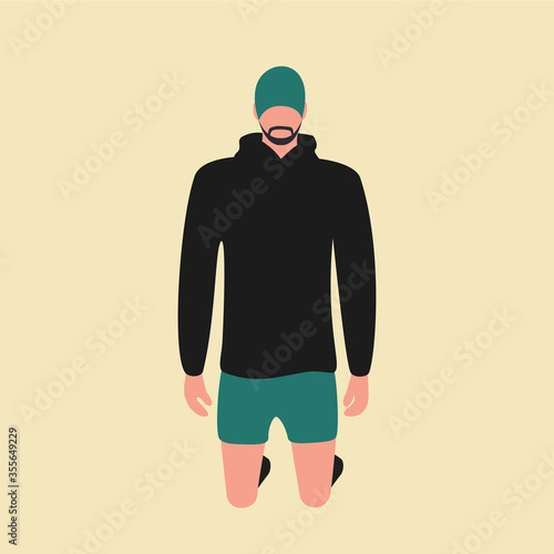 male makes Sports exercises. fit guy self-confident or model vector illustration flat design isolated. handsome healthy Moslem athlete prays cool sturdy attractive man on knees in pose looking front