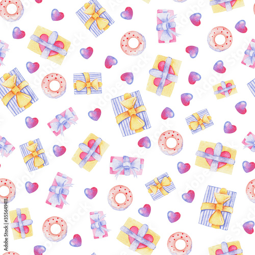 Seamless watercolor pattern with hearts and gifts. Valentine's Day.