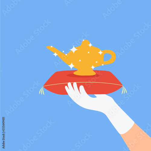 hand of a fairy-tale prince with clean white glove holds a bright & shiny arabian golden magic lamp on cushion vector. Genie gives Aladin three wishes flat design isolated. magical choice illustration