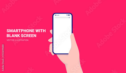 Smartphone with blank screen in hand. Battery, internet connection and search field elements in top, red background. Vector illustration.