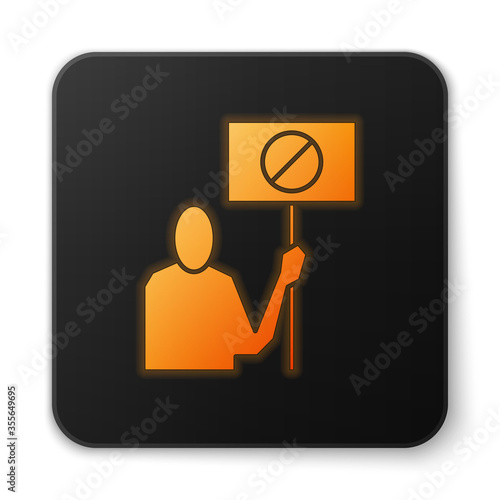 Orange glowing neon Nature saving protest icon isolated on white background. Earth planet protection, environmental issues demonstration. Black square button. Vector Illustration.