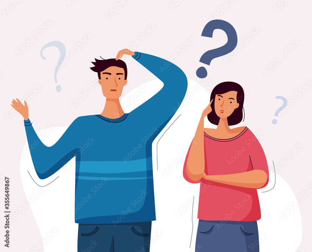Man and woman have a question. Couple thinking together. Flat cartoon style. Man and woman have a question. Couple thinking together. Flat cartoon style.