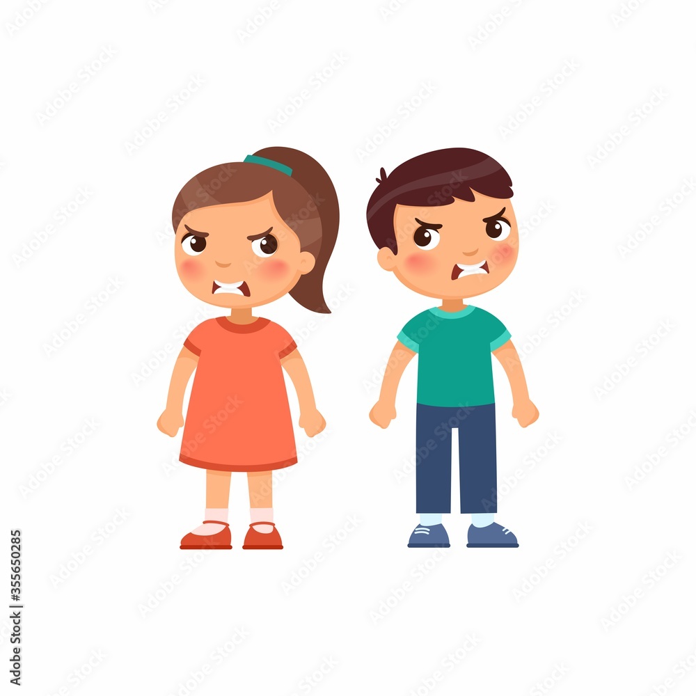 Angry little boy and girl flat vector illustration. Furious children quarrel, aggressive kids arguing cartoon characters. Kids with mad face expression isolated on white background