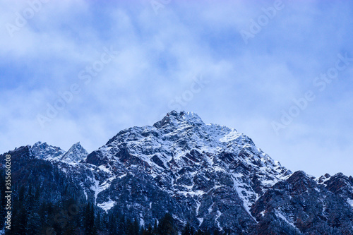 snow-covered mountain with pine trees at the bottom of the mountain. focus on infinity.