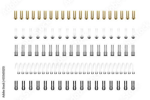 Vector set of realistic images (layout, mockup) of silver, gold, black and white spirals for notebook, calendar, drawing album. Top view.  EPS 10.