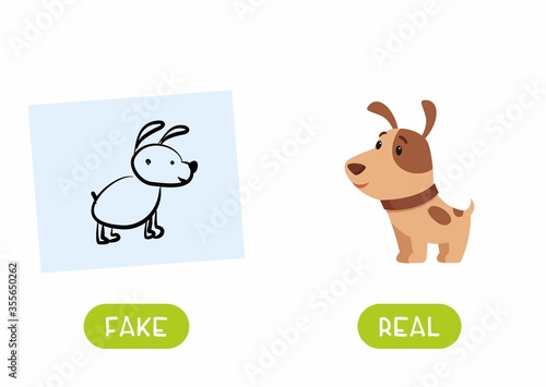 Dog drawing  and dog real illustration with typography. Real and fake antonyms word card vector template. Flashcard for english language learning with flat character. Opposites concept.
