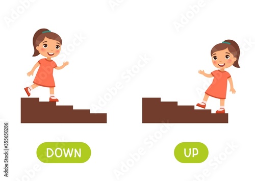 Opposites concept, UP and DOWN. Word card for language learning. Little girl goes up the stairs, goes down.  Flashcard with antonyms for children vector template. Flat illustration with typography.