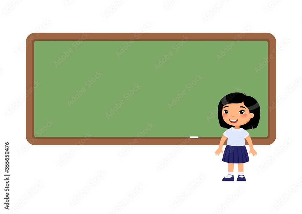 Asian school girl standing near blackboard. Pupil near empty chalkboard  cartoon character. Elementary school education process. Child at lesson  flat vector illustration Stock Vector | Adobe Stock