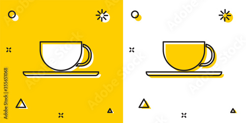Black Coffee cup icon isolated on yellow and white background. Tea cup. Hot drink coffee. Random dynamic shapes. Vector Illustration.
