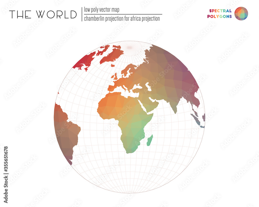 Low poly world map. Chamberlin projection for Africa projection of the world. Spectral colored polygons. Contemporary vector illustration. Low poly world map. Chamberlin projection for Africa projection of the world. Spectral colored polygons. Contemporary vector illustration.