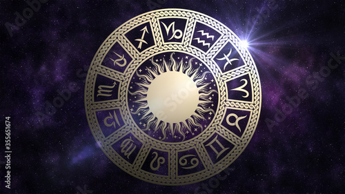Zodiac circle with astrological symbols. 13 zodiac signs in the starry space. photo