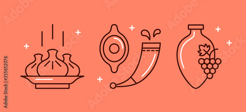 Vector set of flat icons of Georgian national cuisine and winemaking. Linear illustration of khachapuri, khinkali, wine horns and qvevri.
