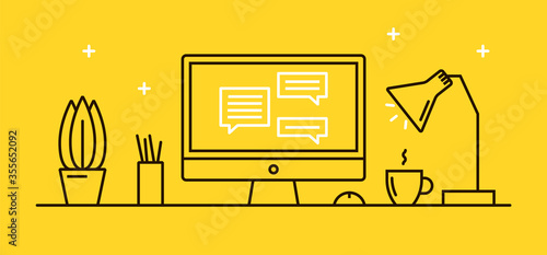 Vector flat illustration of a cozy workplace with a desktop computer and a cup of hot drink. Image of chat room interface. Chatting line icon.