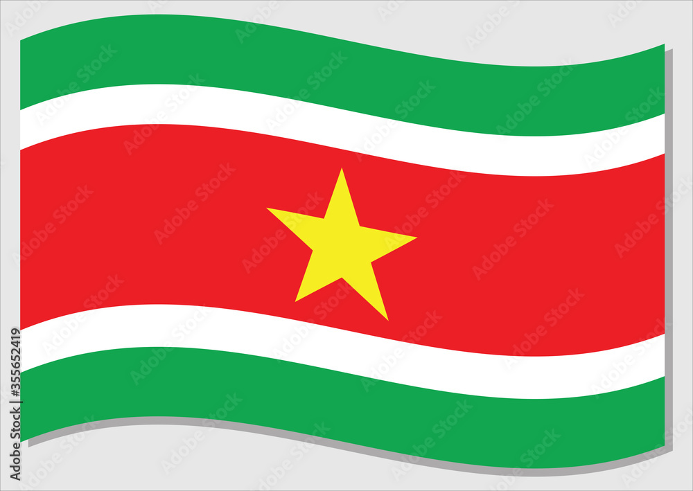 Waving flag of Suriname vector graphic. Waving Surinamese flag illustration. Suriname country flag wavin in the wind is a symbol of freedom and independence. Waving flag of Suriname vector graphic. Waving Surinamese flag illustration. Suriname country flag wavin in the wind is a symbol of freedom and independence.