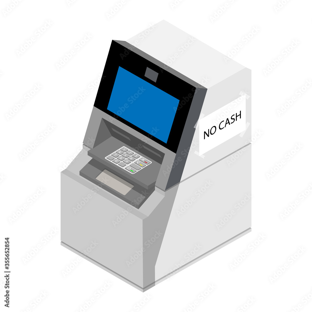 No cash concept. ATM isometric view isolated on white background No cash concept. ATM isometric view isolated on white background