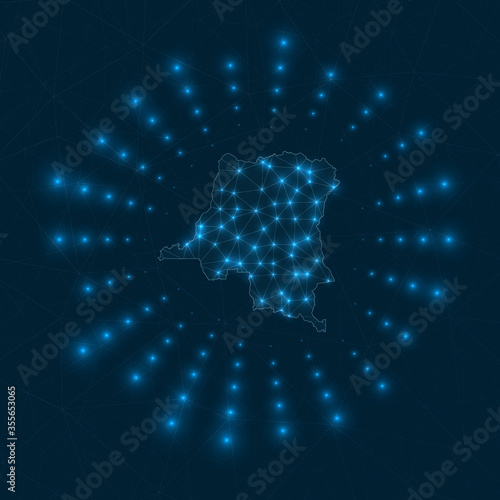 DR Congo digital map. Glowing rays radiating from the country. Network connections and telecommunication design. Vector illustration.