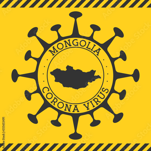 Coronavirus in Mongolia sign. Round badge with shape of virus and Mongolia map. Yellow country epidemy lockdown stamp. Vector illustration.
