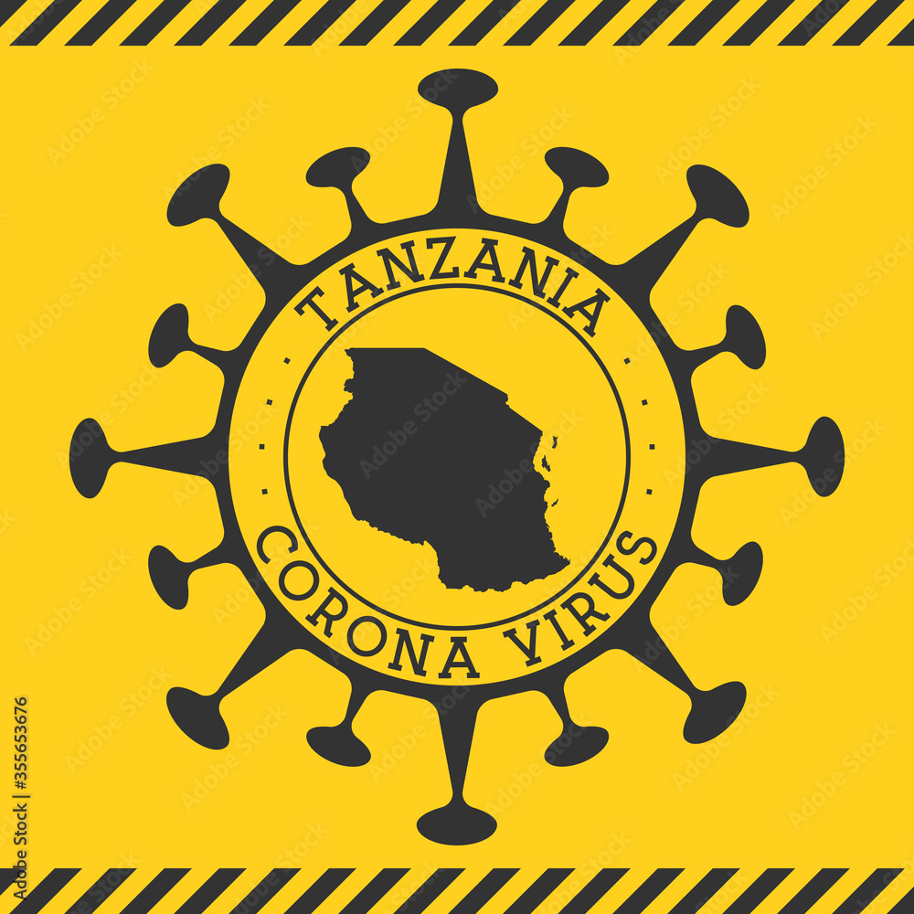 Corona virus in Tanzania sign. Round badge with shape of virus and Tanzania map. Yellow country epidemy lock down stamp. Vector illustration.