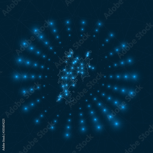 Komodo digital map. Glowing rays radiating from the island. Network connections and telecommunication design. Vector illustration.