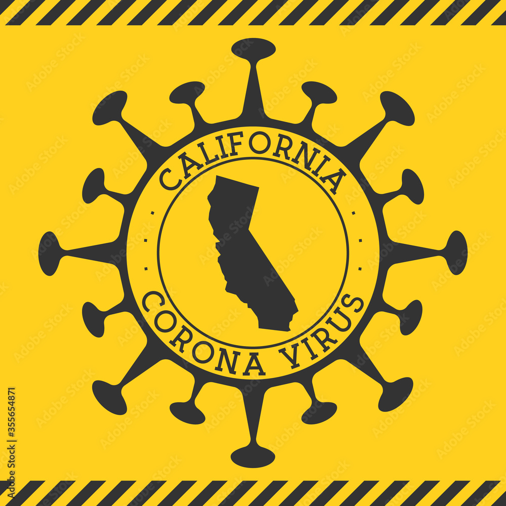 Corona virus in California sign. Round badge with shape of virus and California map. Yellow us state epidemy lock down stamp. Vector illustration.