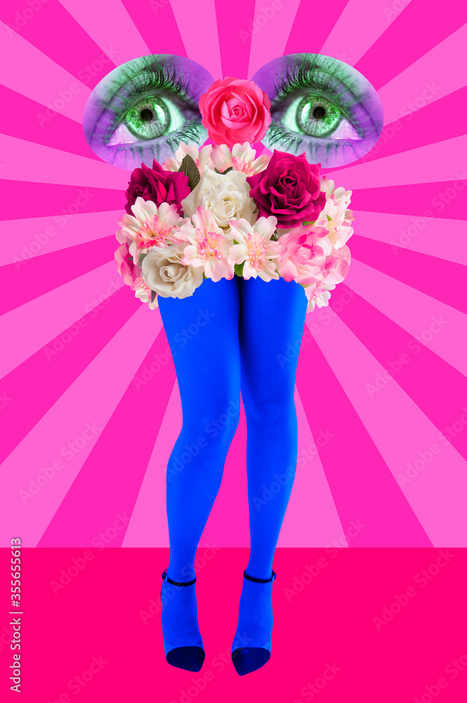 Rose bud, eyes and women's beautiful legs in acid color tights and high heels shoes on a colorful background. Disco light. Funny surreal modern art collage in magazine style, pop art, zine culture. Rose bud, eyes and women's beautiful legs in acid color tights and high heels shoes on a colorful background. Disco light. Funny surreal modern art collage in magazine style, pop art, zine culture.