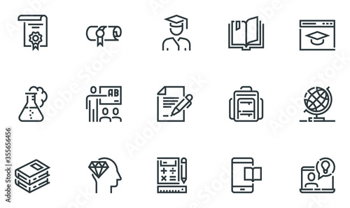 School and University Vector Flat Line Icons Set. Study, Learning, Knowledge, Chemistry, Globe, Classroom, Auditorium. Editable Stroke. 48x48 Pixel Perfect.