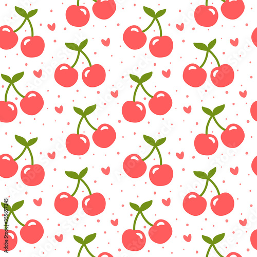Cherry and Strawberry pattern, cute heart fruit cartoon seamless background with dot, Vector illustration