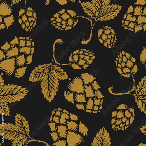 Seamless pattern with vintage illustrations of beer hop. Design element for poster, clothes decoration, card, banner.