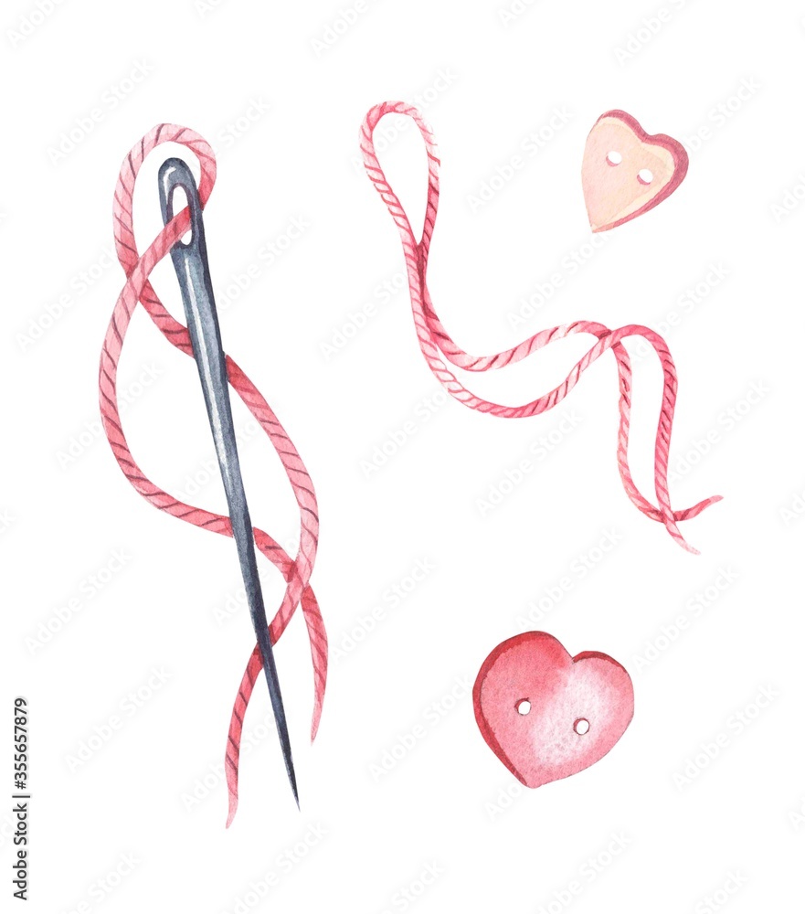 Fototapeta premium Watercolor knitting elements:needle, threads isolated on a white background.