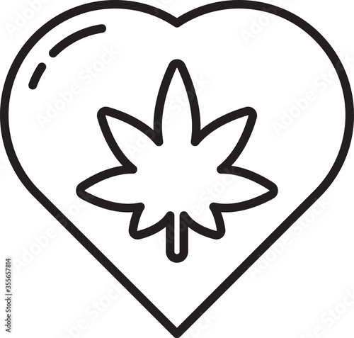 Black line Marijuana leaf in heart shape icon isolated on white background. Hemp symbol. Vector Illustration.
