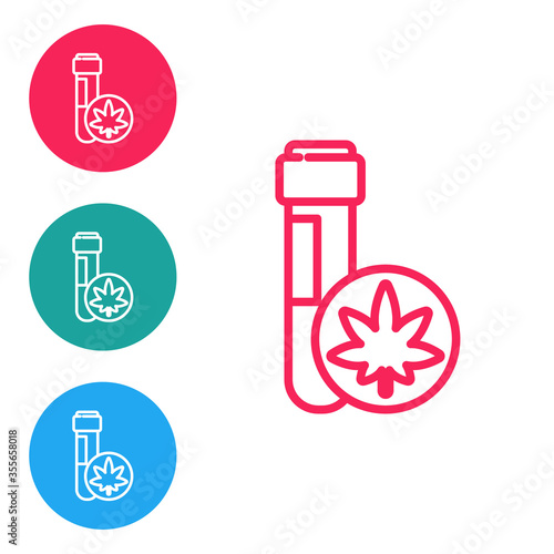 Red line Chemical test tube with marijuana or cannabis leaf icon isolated on white background. Research concept. Laboratory CBD oil. Set icons in circle buttons. Vector Illustration.