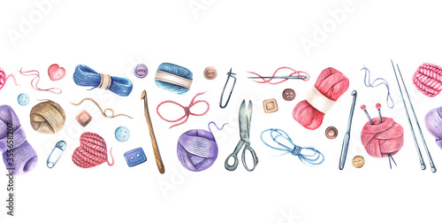 Seamless border with watercolor knitting elements: yarn, knitting needles and crochet hooks, hand drawn knitting elements isolated on a white background. photo