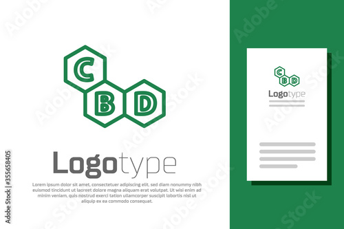 Green line Cannabis molecule icon isolated on white background. Cannabidiol molecular structures, THC and CBD formula. Marijuana sign. Logo design template element. Vector Illustration.