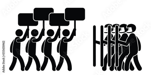 Protesters with Riot Police. Pictogram Illustration depicting protesters with signs and riot police law enforcement. Black and white EPS Vector File.