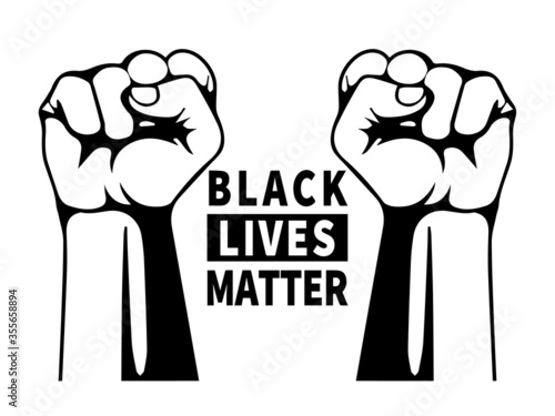 Black Lives Matter Text with Two Fists. Pictogram Illustration Depicting Black Lives Matter text with 2 fists. Black and white EPS Vector File.
