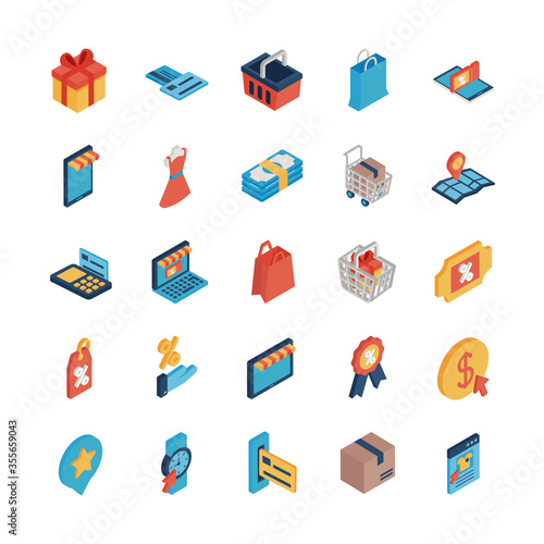 Shopping online isometric style icon set vector design