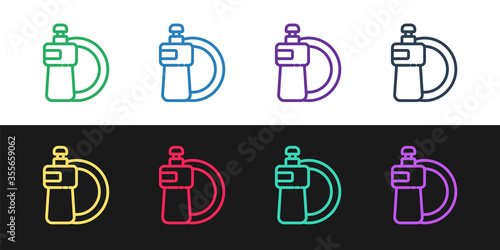 Set line Dishwashing liquid bottle and plate icon isolated on black and white background. Liquid detergent for washing dishes. Vector Illustration.