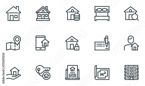 Real Estate Vector Flat Line Icons Set. Map, Plan, House, Apartment, Realtor. Editable Stroke. 48x48 Pixel Perfect.