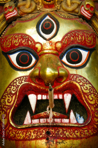 Kathmandu, Nepal. Huge mask of Seto Bhairab, a fierce manifestation of the Hindu God Shiva. The mask is only visible during the Indra Jatra festival in September.