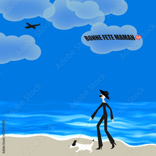 woman walks her dog by the ocean, she wears a protective mask, french text, happy mother's day, blue color