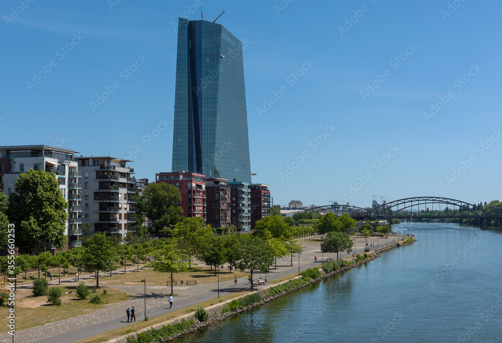 Residential buildings on the Main River in front of the European Central Bank, Frankfurt, Germany