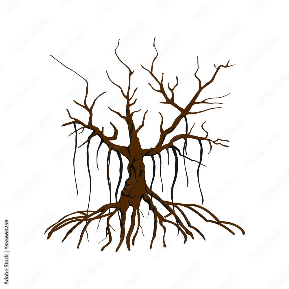 dried tree and roots vector illustration. banyan tree isolated on white.