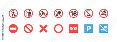 Forbidden Signs vector icons set. Prohibition symbols collection. Not allowed, No Smoking, Don't Litter, Don't Walking, SOS, Not Potable Water, No Entry, Not Mobile Phone Vector