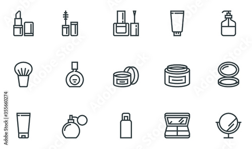 Cosmetics and Makeup Vector Flat Line Icons Set. Cream Bottle, Lipstick, Makeup Brush. Editable Stroke. 48x48 Pixel Perfect.