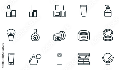 Cosmetics and Makeup Vector Flat Line Icons Set. Cream Bottle, Lipstick, Makeup Brush. Editable Stroke. 48x48 Pixel Perfect.