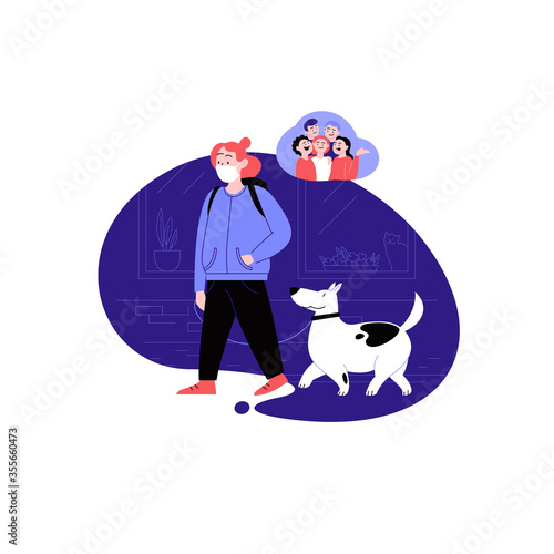 A woman wearing a face mask waking down the street with her dog during the quarantine missing her friends. Quarantine sadness concept