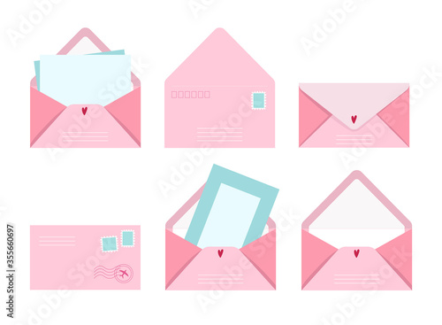 Post card and envelope set, vector illustration postal letters with greeting card and post stamps, cute pink collection of love and friendship letter designs