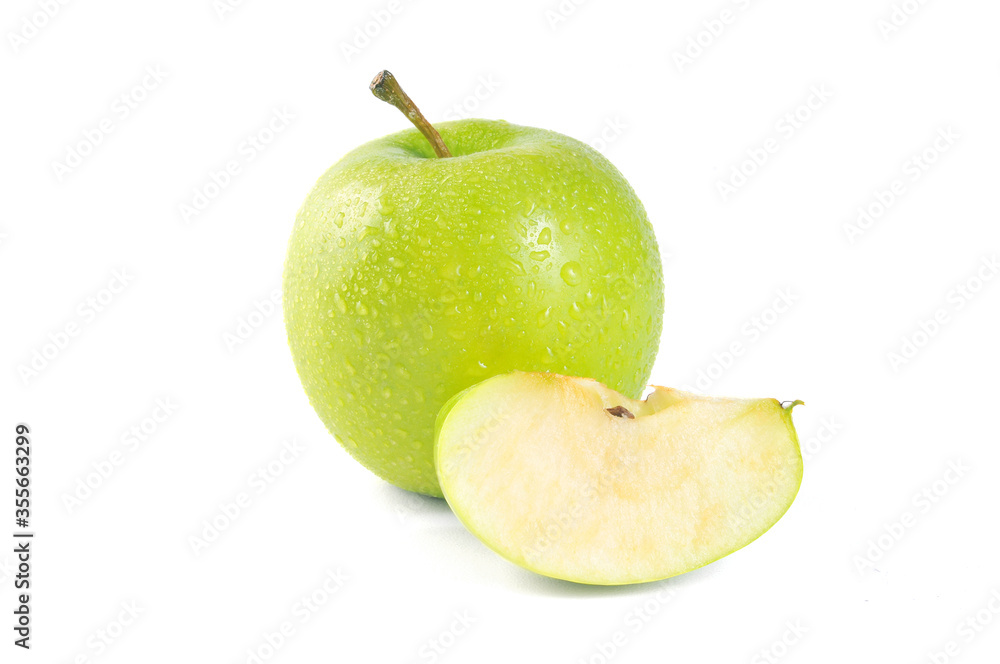 Whole green apple and sliced on white background. Fresh green apple. Whole green apple and sliced on white background. Fresh green apple.